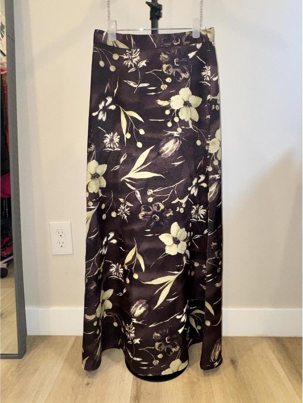 Vintage Y2K Plum Floral Satin Maxi Skirt Cottagecore Slip Skirt Small